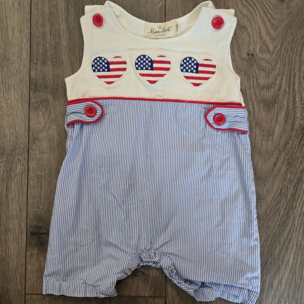 Marie Nicole Clothing Baby Girl 3-6M Patriotic Flag Heart Bubble Romper Sunsuit